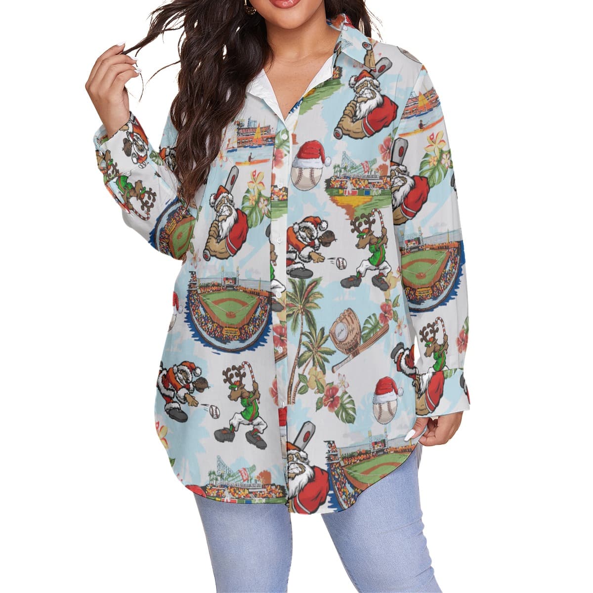 Santa Playing Baseball Christmas Women’s Plus Size Hawaiian Shirt (3)