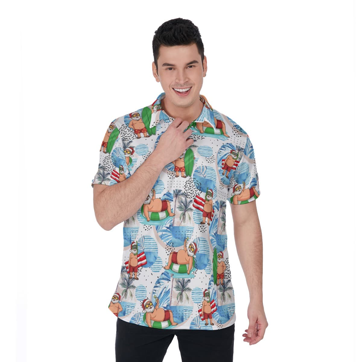 Santa Surfing White Hawaiian Polo Shirt For Men (4)