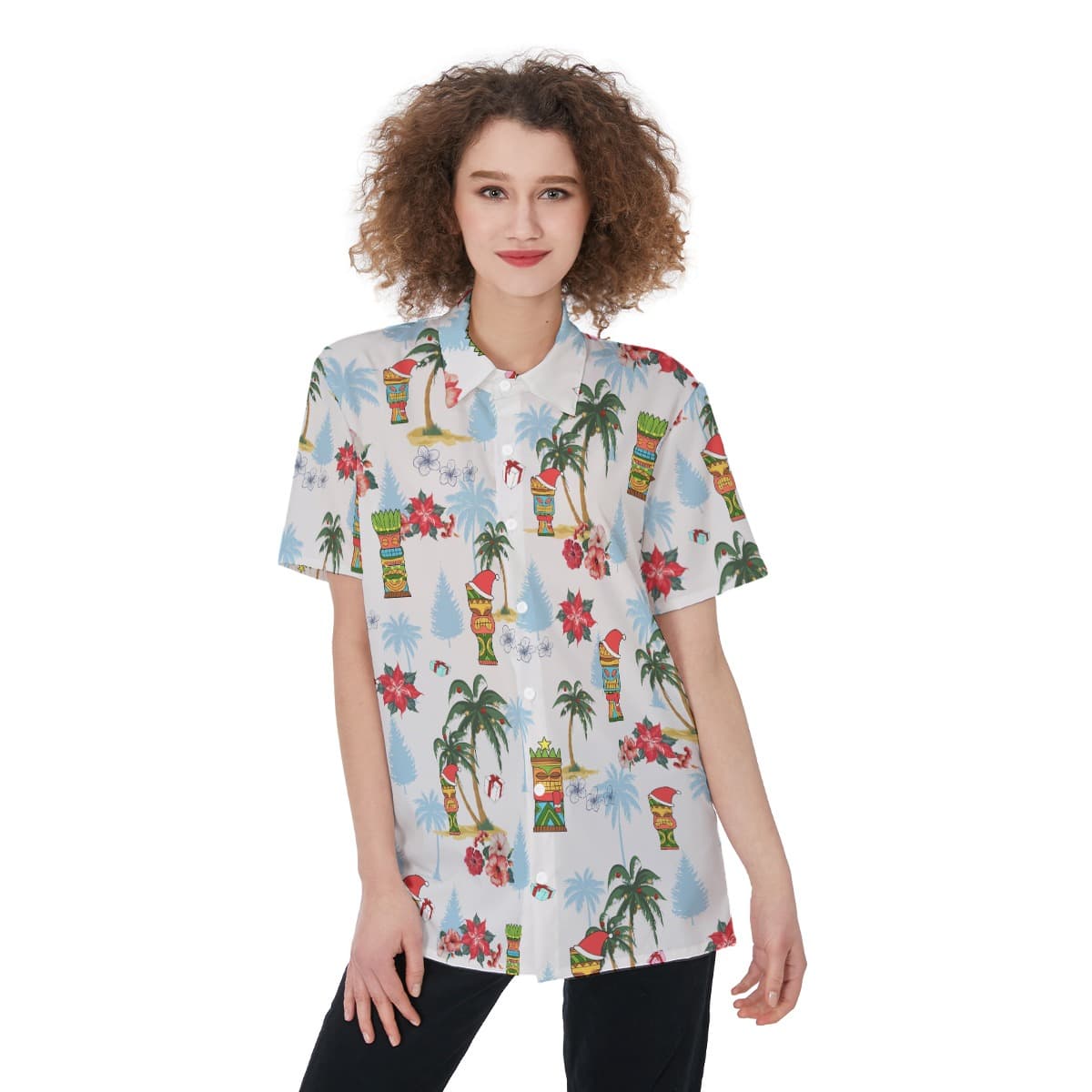 Tiki Christmas White Aloha Shirt For Women (3)