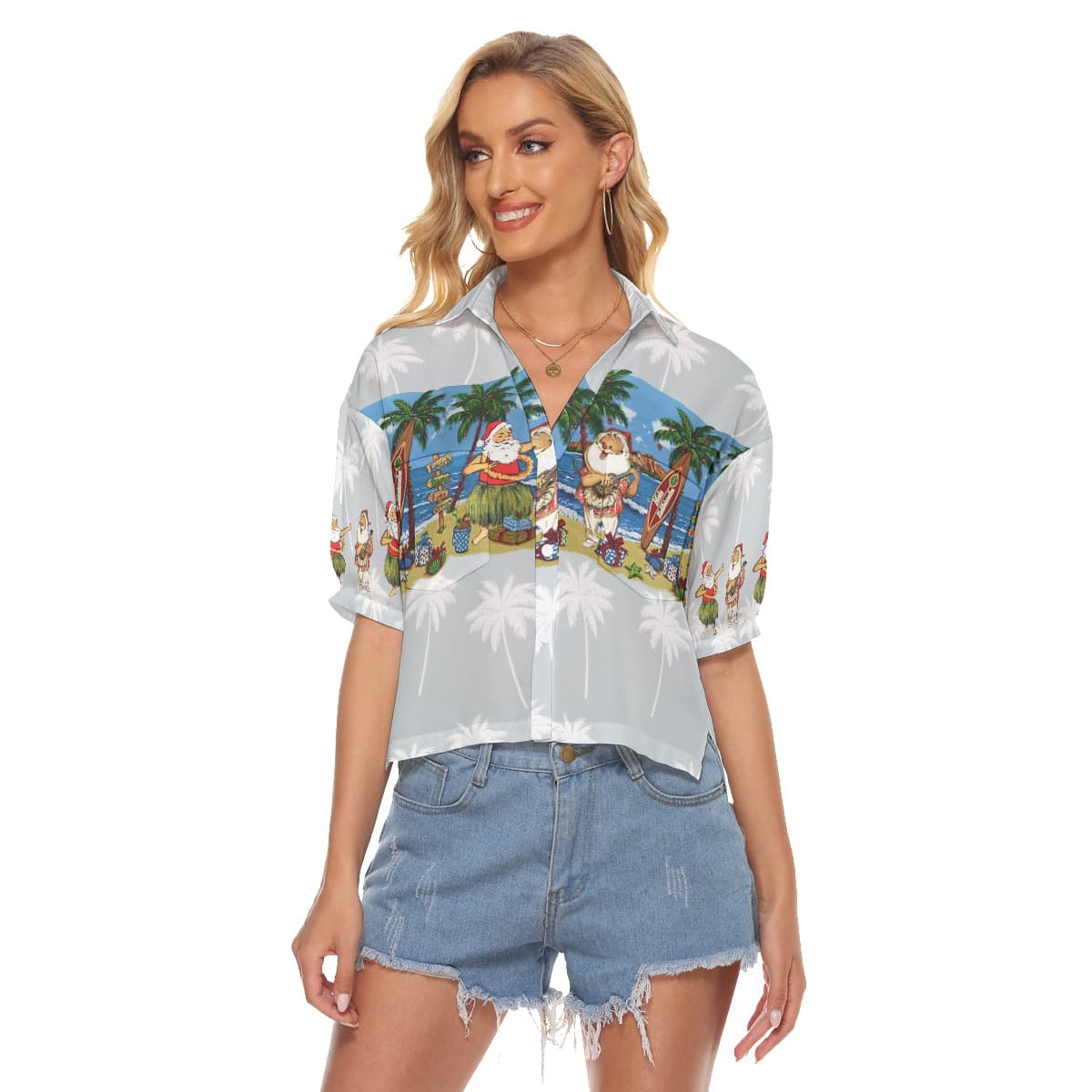 Christmas Hula Santa Hawaiian Crop Top Shirt For Women (3)