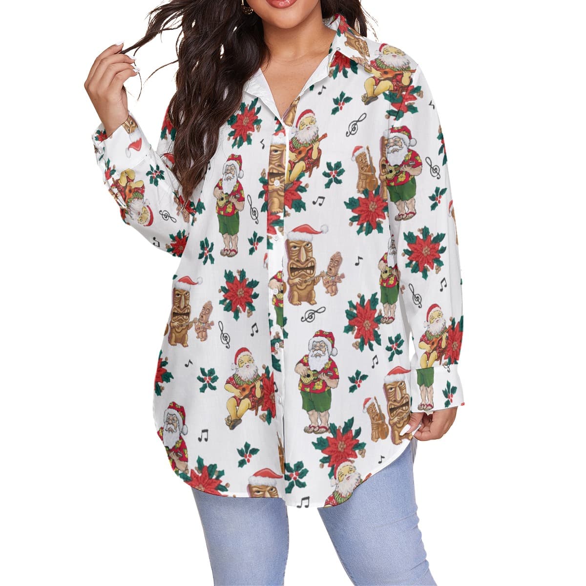 Christmas Santa Claus Playing Ukulele Aloha Plus Size Shirt For Women (1)