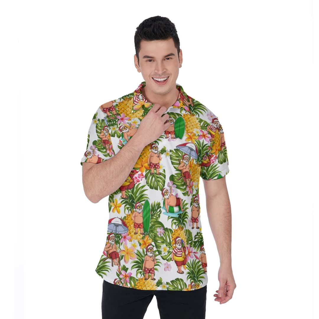 Christmas Santa Claus With Tropical Pattern Hawaiian Polo Shirt For Men