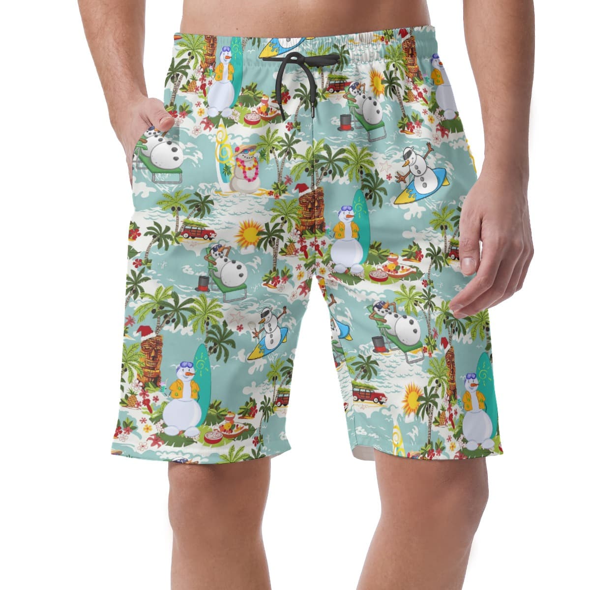 Christmas Snowman Surfing Aloha Beach Shorts For Men (2)