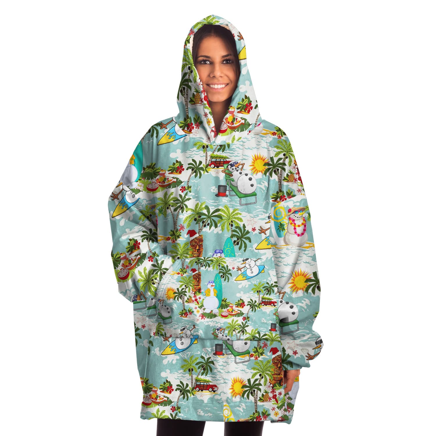 Christmas Snowman Surfing Cozy Hawaiian Hoodie Blanket For Women (1)