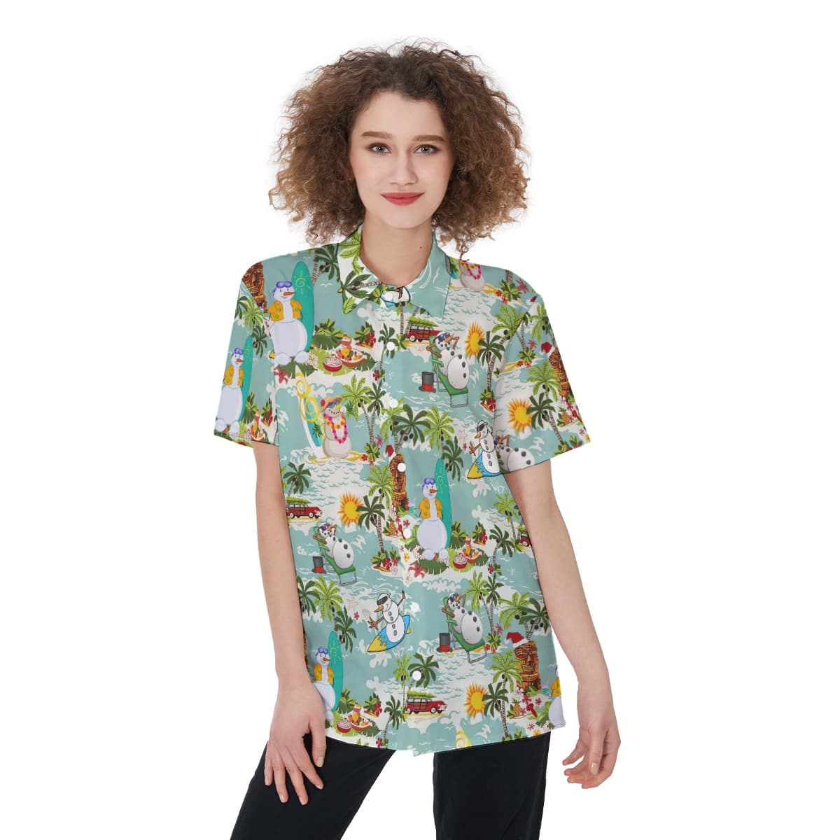 Christmas Snowman Surfing Hawaiian Button Up Shirt For Women (4)