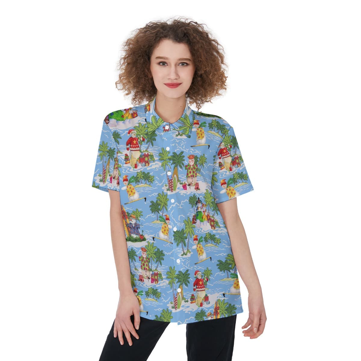 Christmas Snowman Tropical Aloha Button Up Shirt For Women (1)