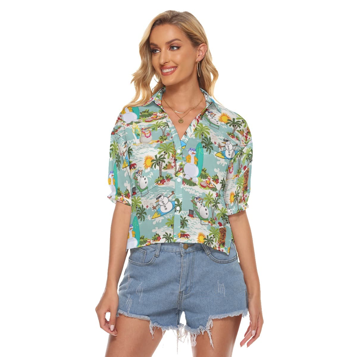 Christmas Snowman Tropical Hawaiian Crop Top Shirt For Women (1)