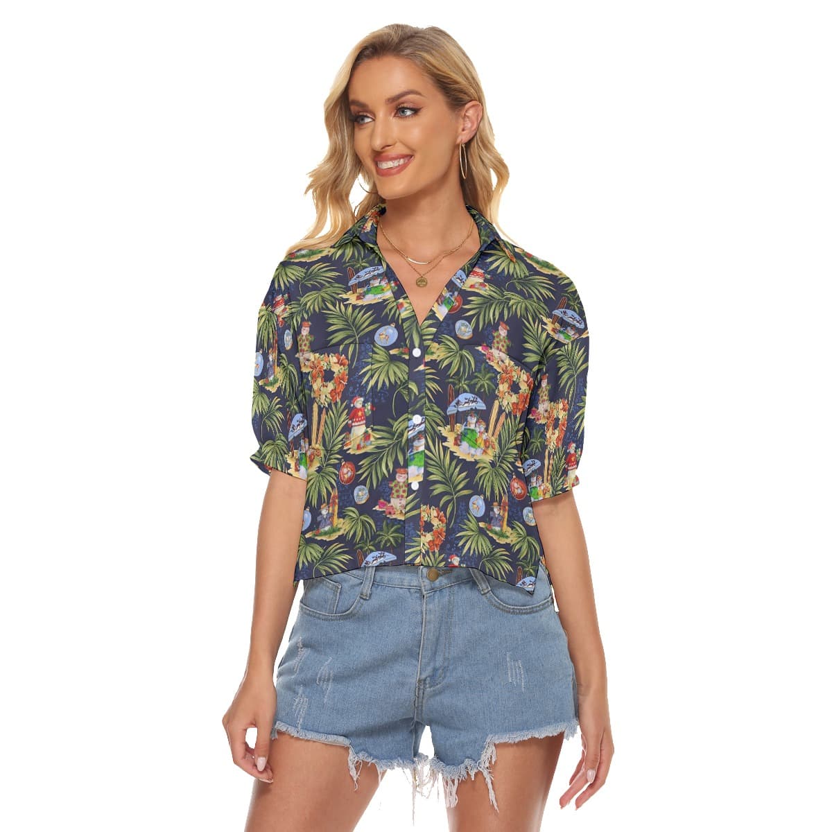Christmas Snowman Tropical Hawaiian Cropped Shirt For Women (3)
