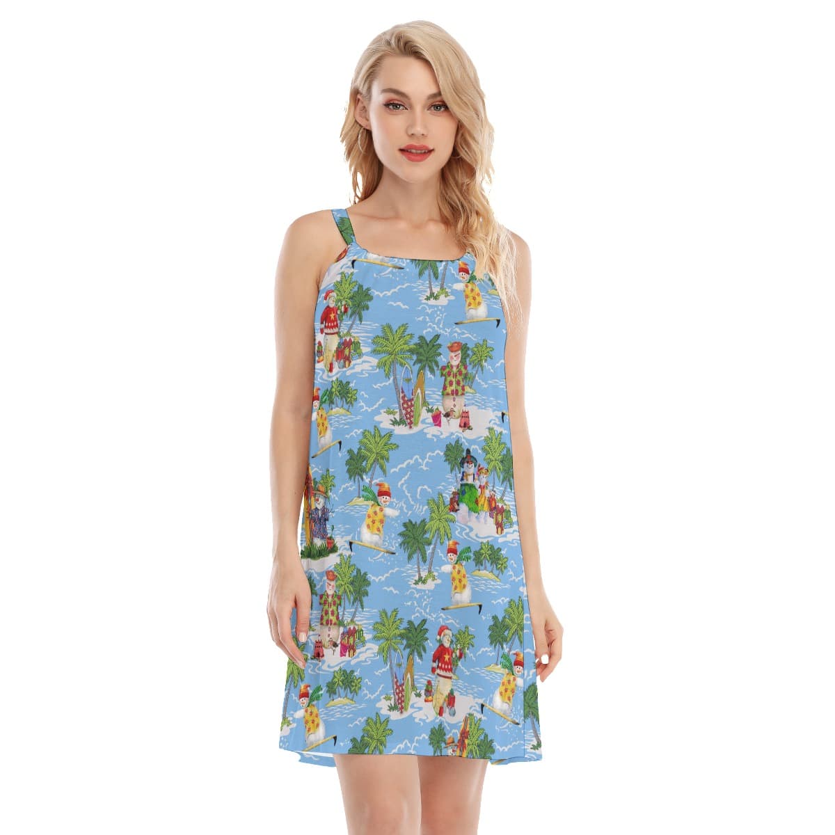 Cute Christmas Snowman Tropical Hawaiian Cami Dress (3)