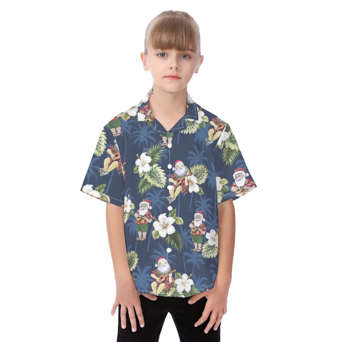 Cute Santa Claus With Ukulele Floral Christmas Hawaiian Shirt For Kids (4)