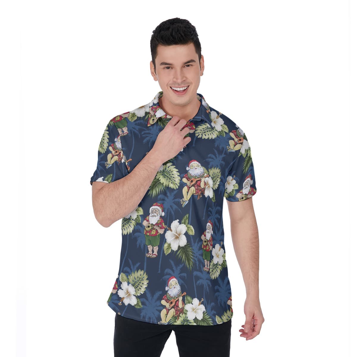Cute Santa Playing Ukulele Hawaiian Polo Shirt For Men (1)
