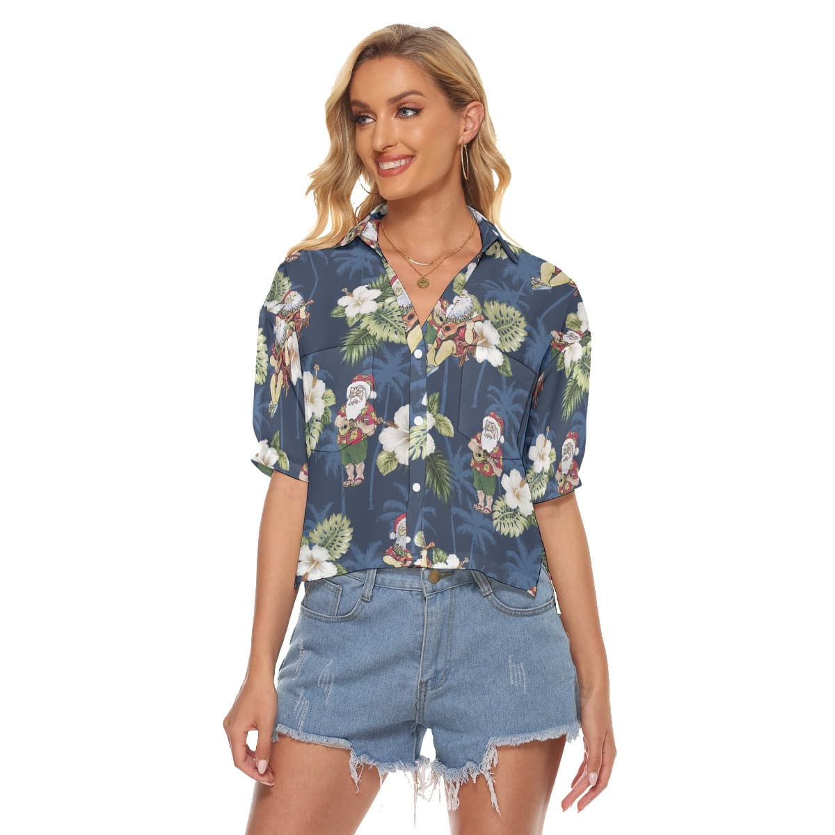 Funny Santa Claus With Ukulele Floral Christmas Hawaiian Crop Top Shirt (1)