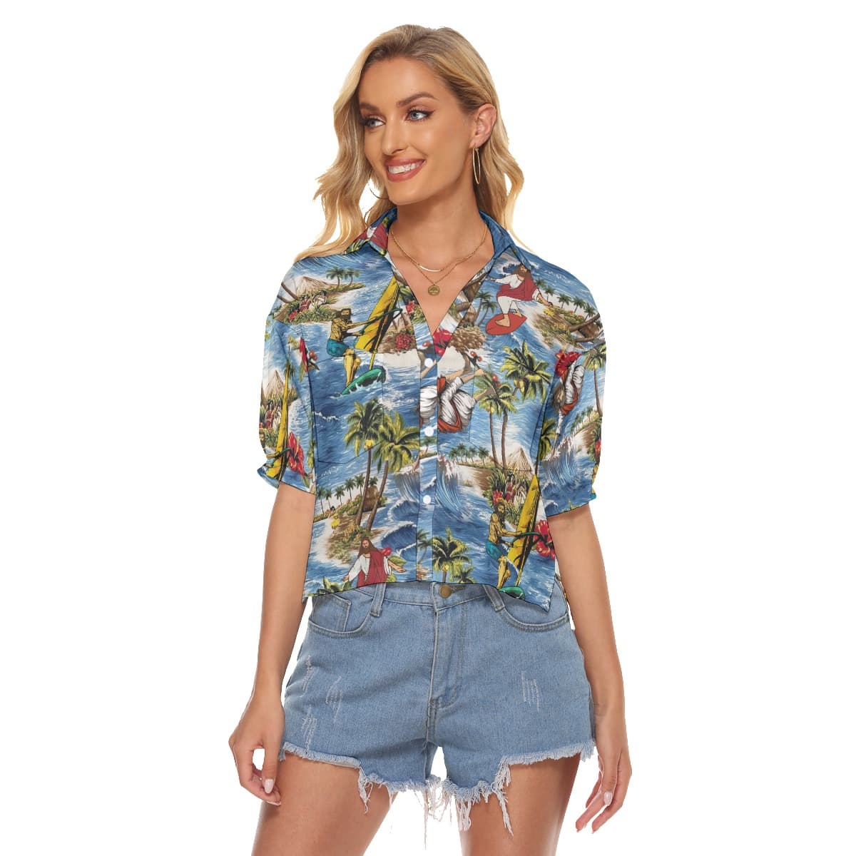 Jesus Surfing Tropical Hawaiian Crop Top Shirt For Women (1)
