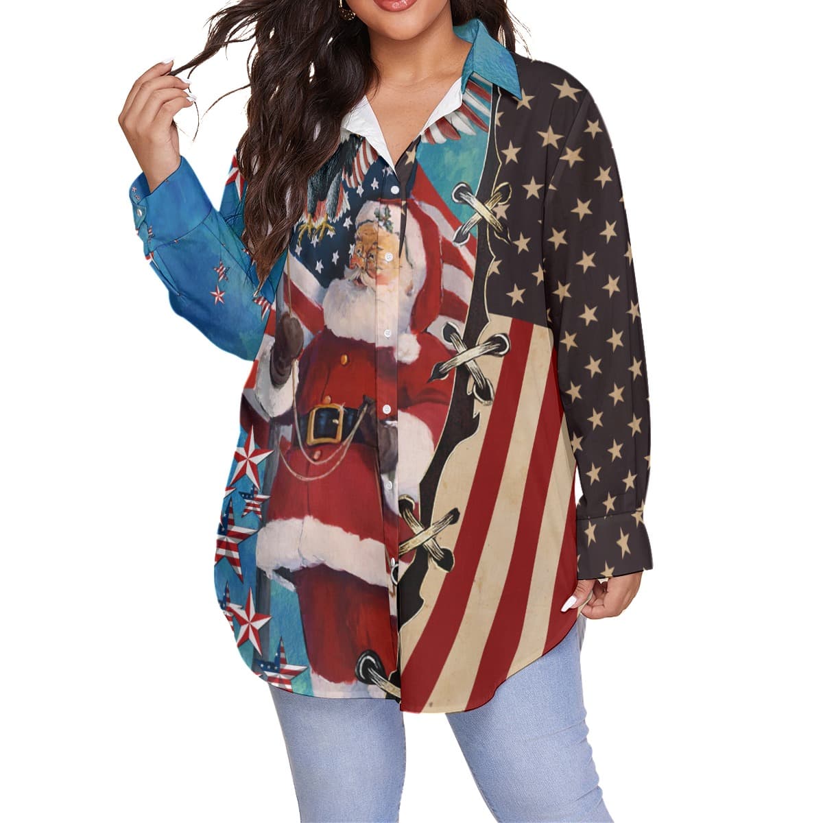 Santa Claus Patriotic Hawaiian Plus Size Shirt For Women (1)