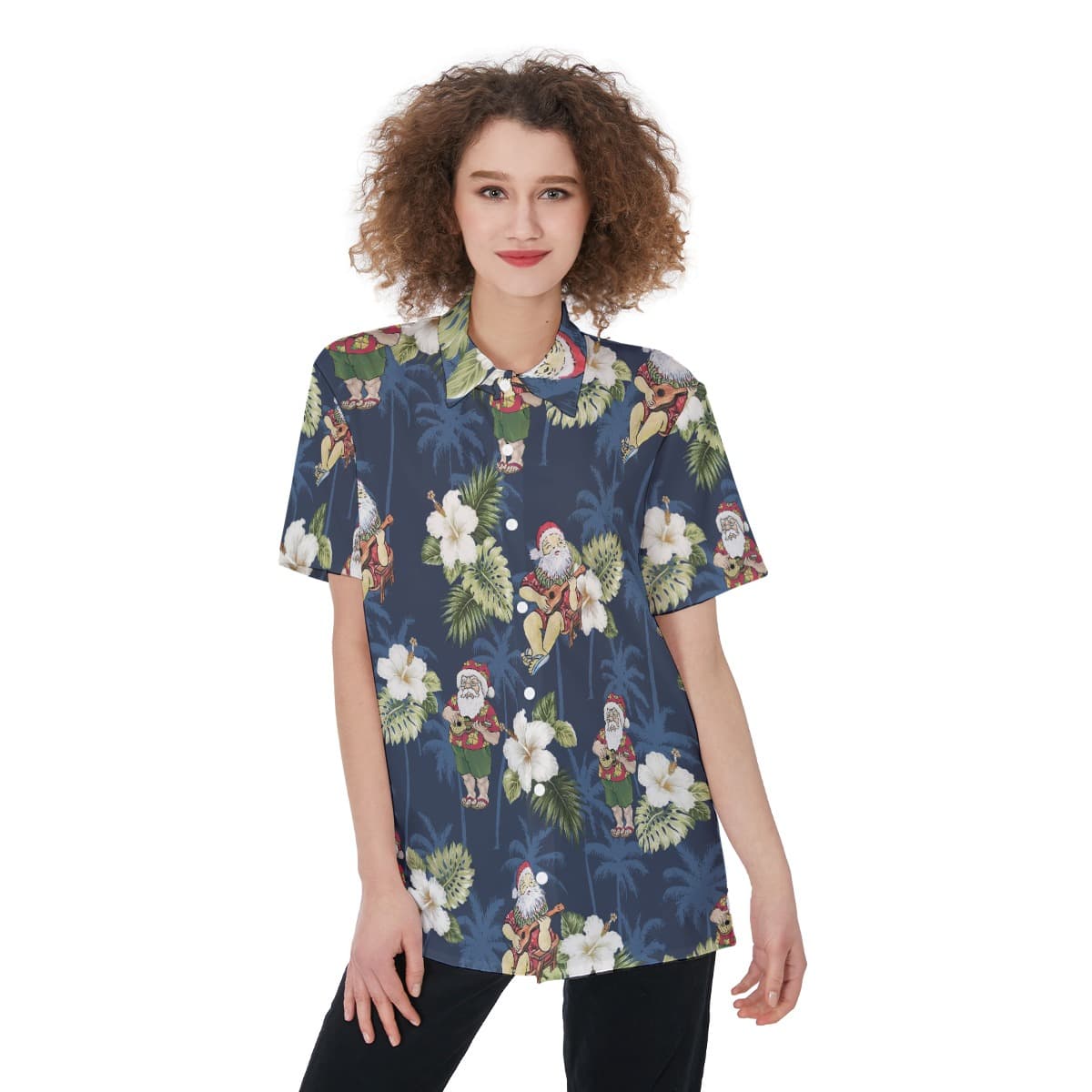 Santa Claus Playing Ukulele Christmas Hawaiian Shirt For Women (3)