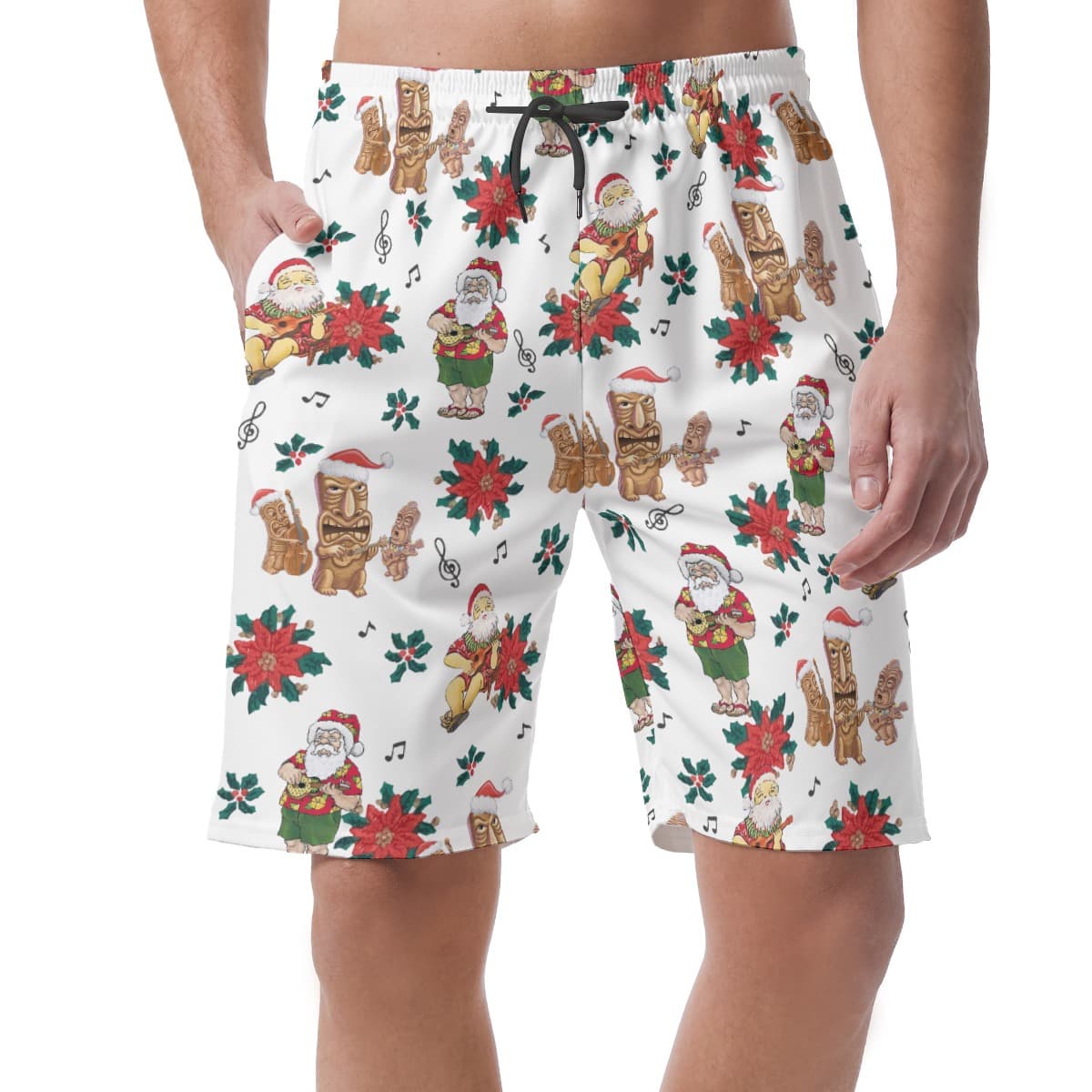 Santa Claus Poinsettia Flowers Hawaiian Beach Shorts For Men (4)