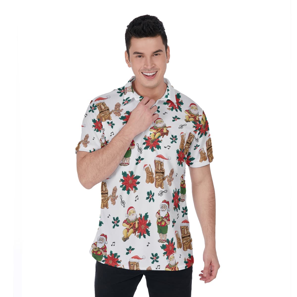 Tiki And Santa Playing Ukulele Aloha Polo Shirt (4)
