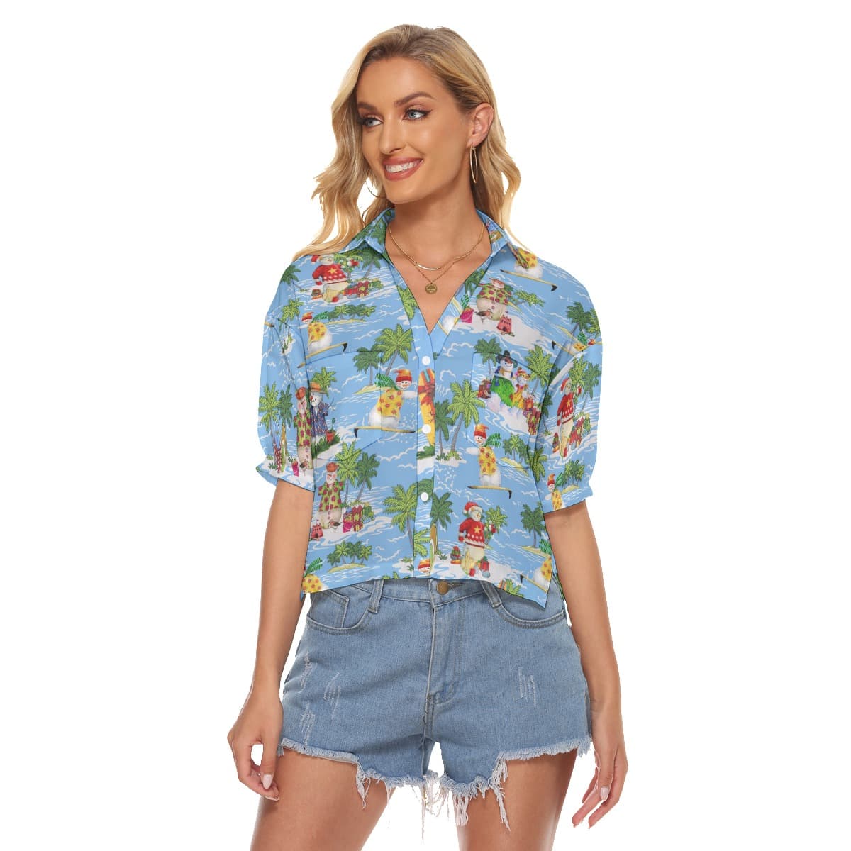 Tropical Christmas Snowman Aloha Crop Top Shirt For Women (4)