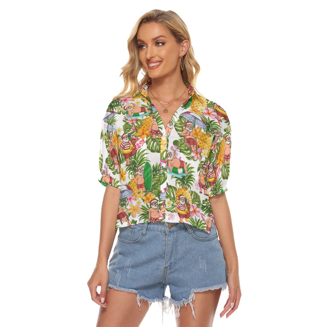 Tropical Santa Christmas Hawaiian Crop Top Shirt For Women