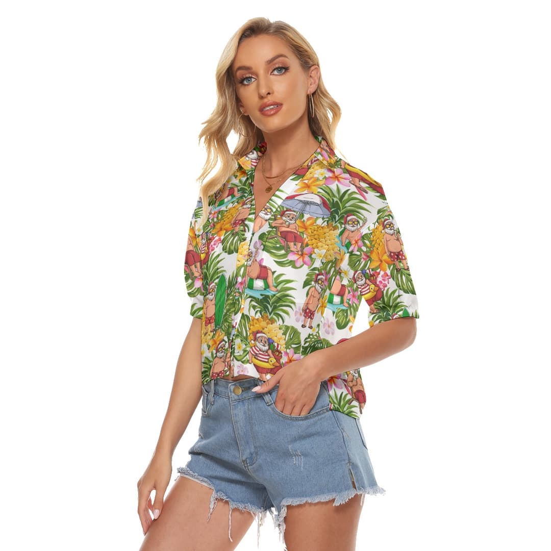 Tropical Santa Christmas Hawaiian Crop Top Shirt For Women