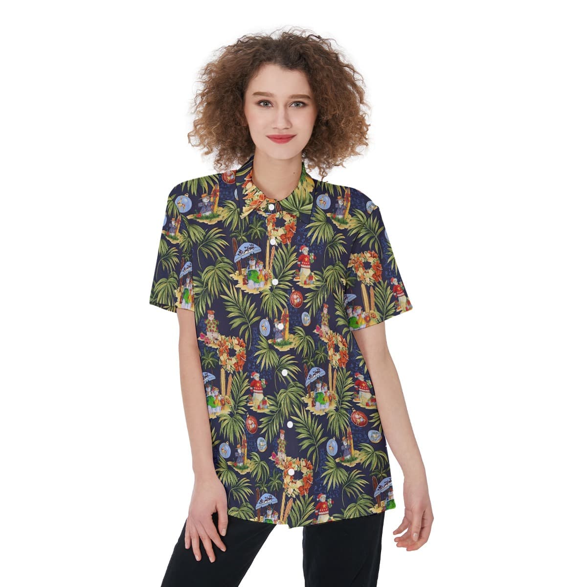 Tropical Snowman Aloha Button Up Shirt For Women (4)