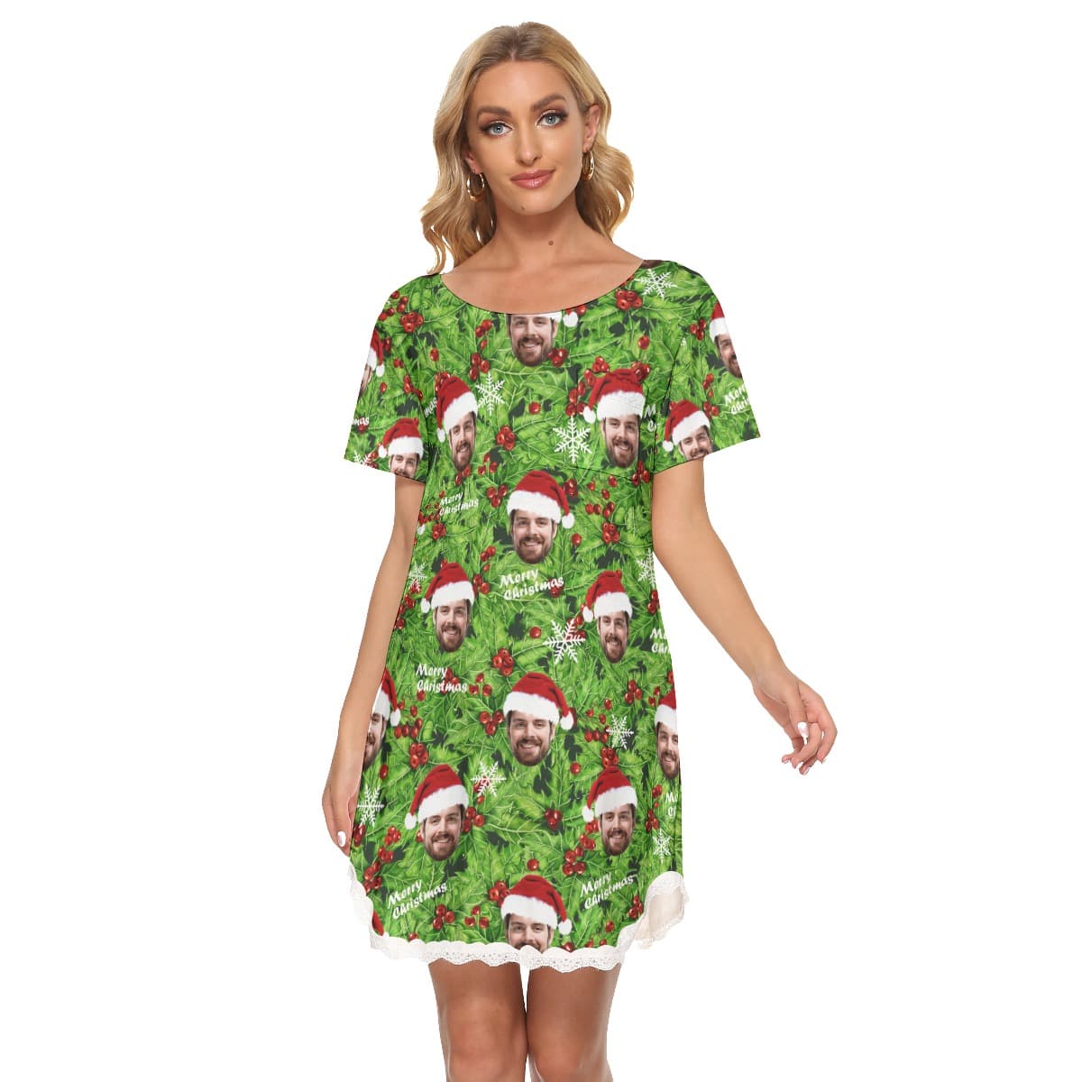 Custom Face Hawaiian Christmas Dress With Lace (1)
