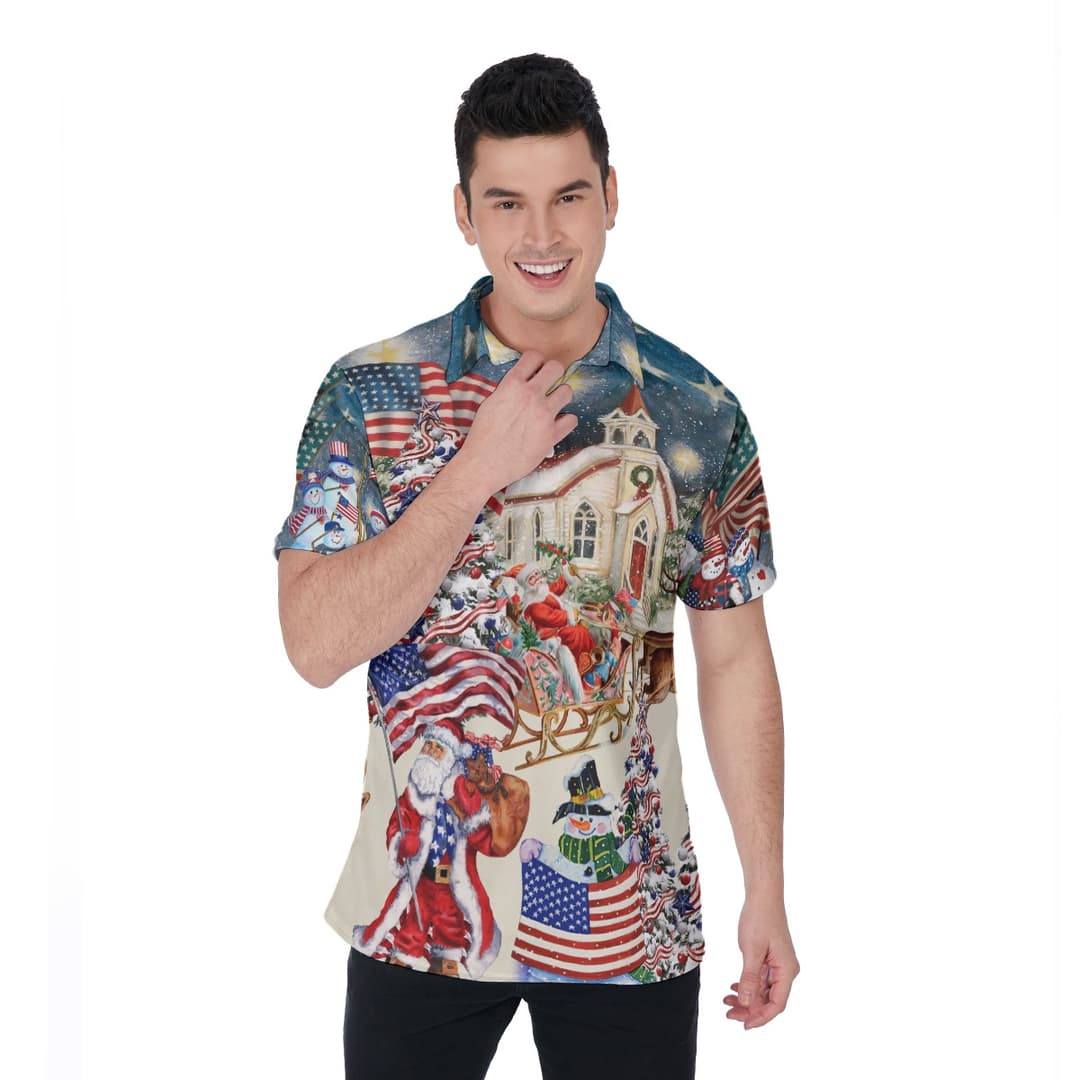 Santa Claus American Flag Patriotic Christmas Hawaiian Polo Shirt