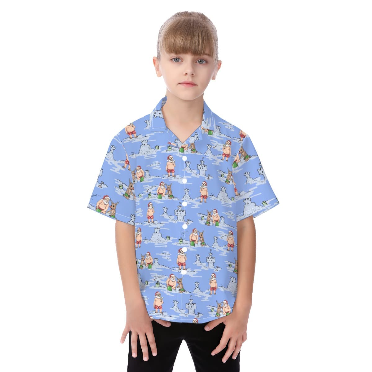 Cute Santa And Reindeer Christmas Hawaiian Shirt For Kids (1)