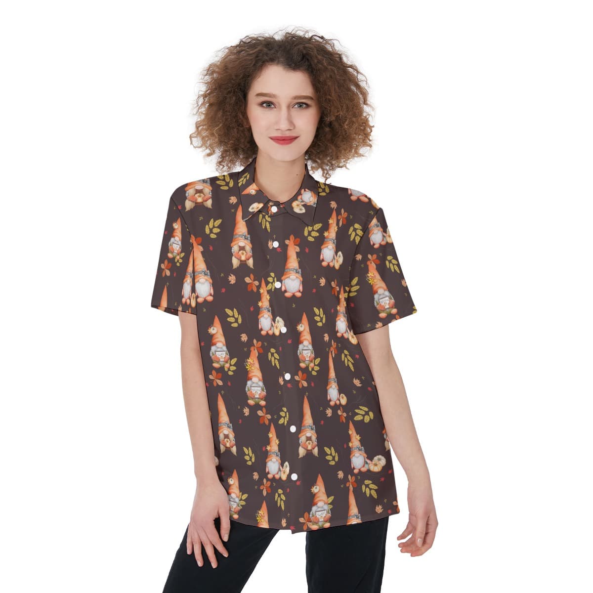 Gnomies Thanksgiving Aloha Button Up Shirt For Women (1)