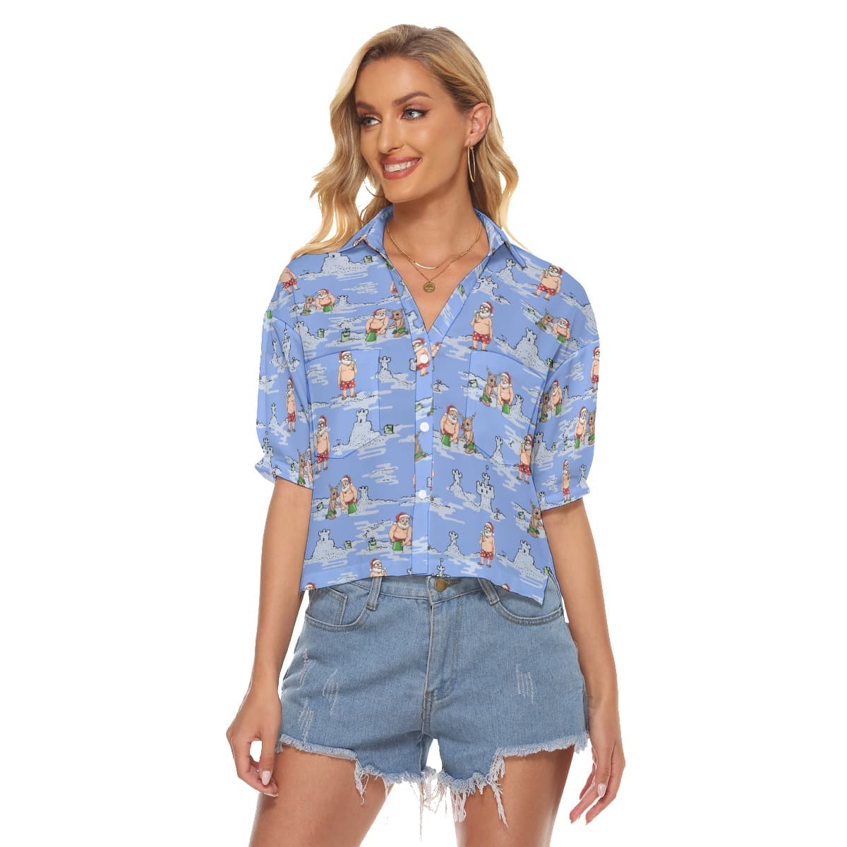 Santa Christmas Hawaiian Cropped Shirt For Women (1)
