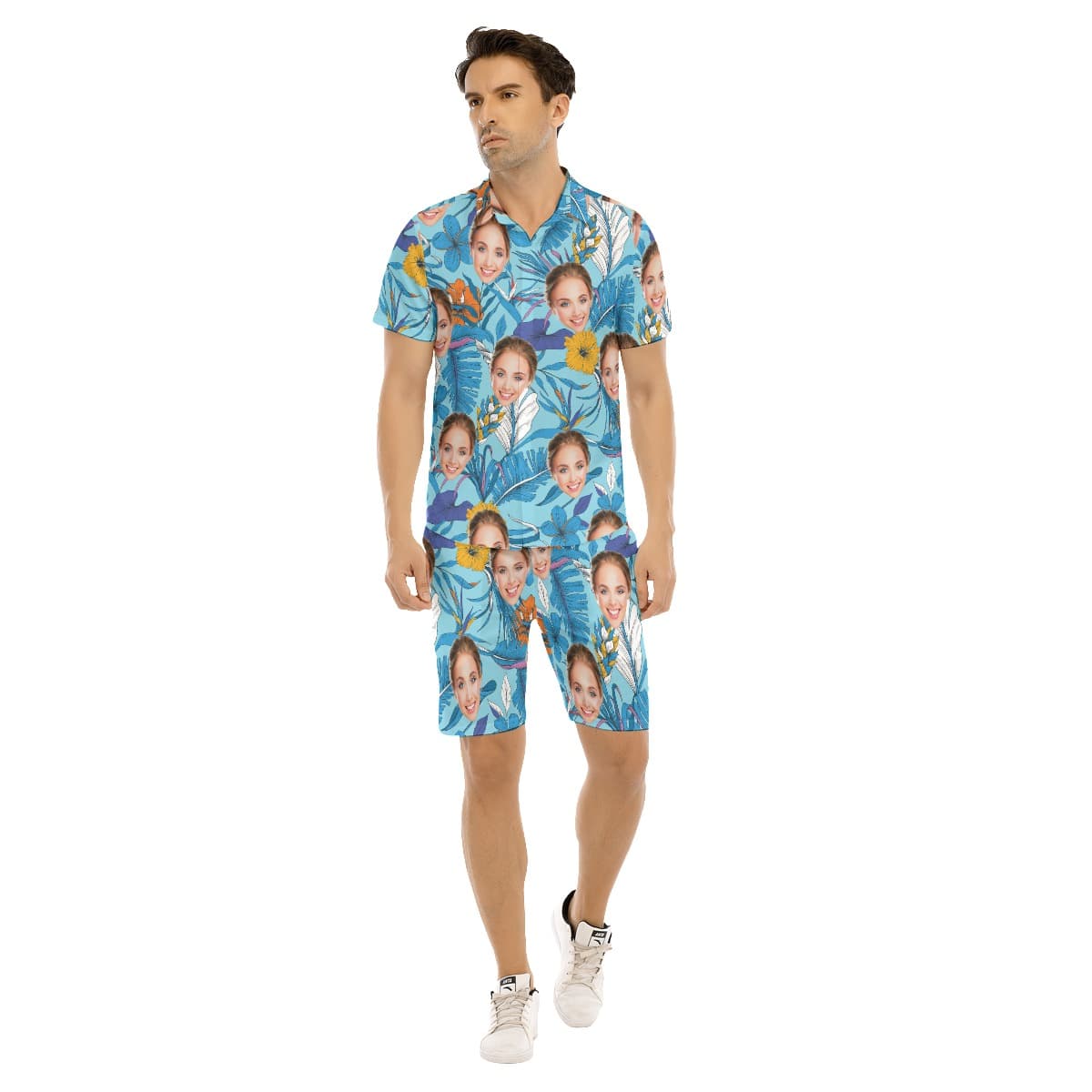 Cool Custom Face Tropical Leaves Men's Shirt And Shorts (1)