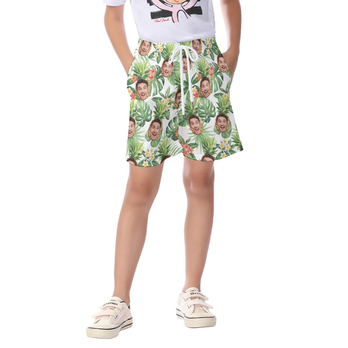 Cute Custom Face Mix Tropical Pineapple Hawaiian Beach Shorts For Kids (4)