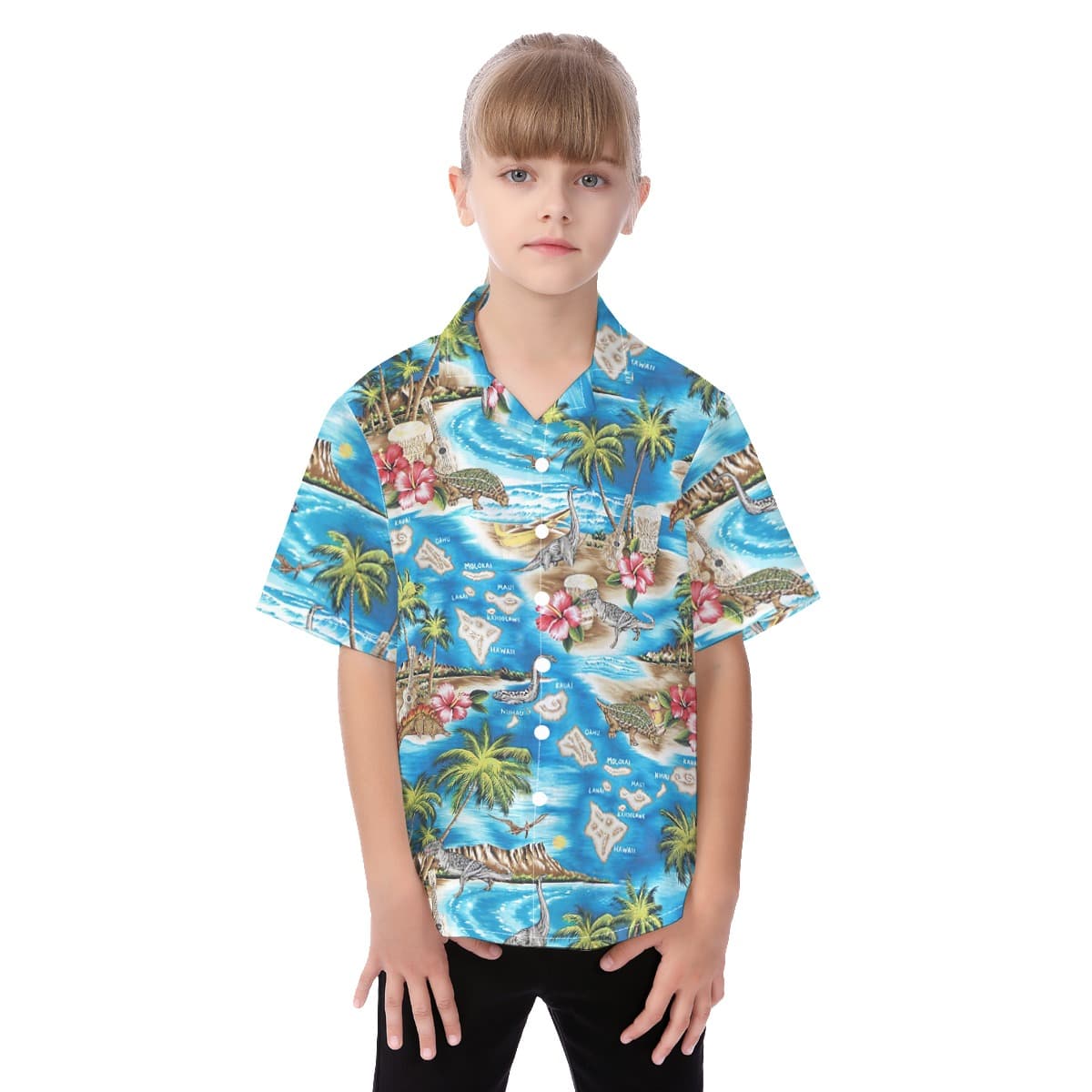 Cute Dinosaur Tropical Hawaiian Button Up Shirt For Kids
