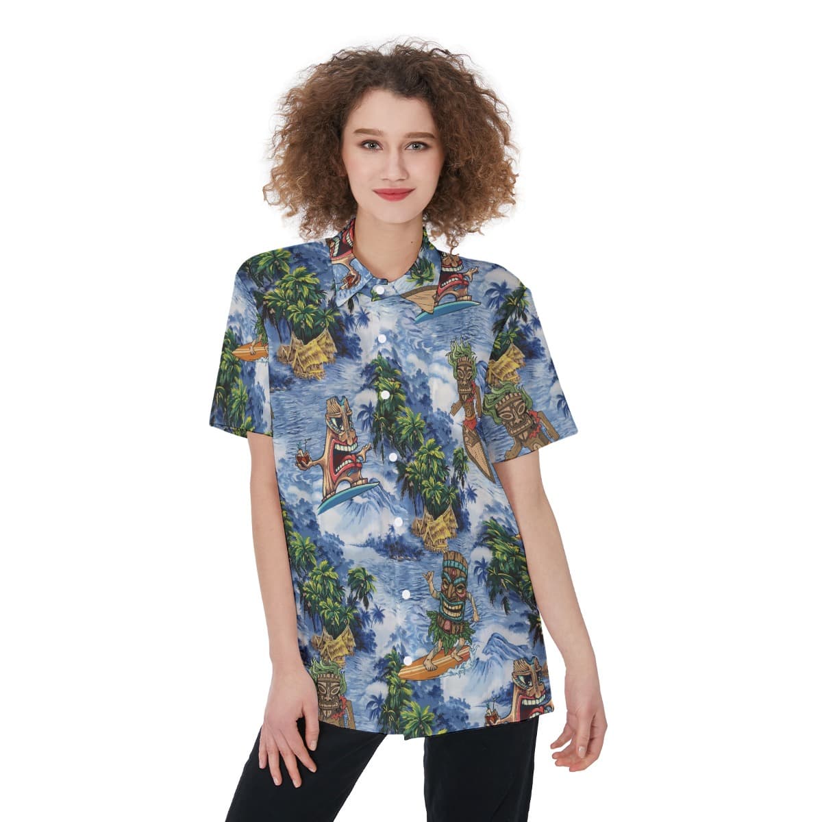 Cute Tiki Surfing Tropical Hawaiian Button Up Shirt For Women