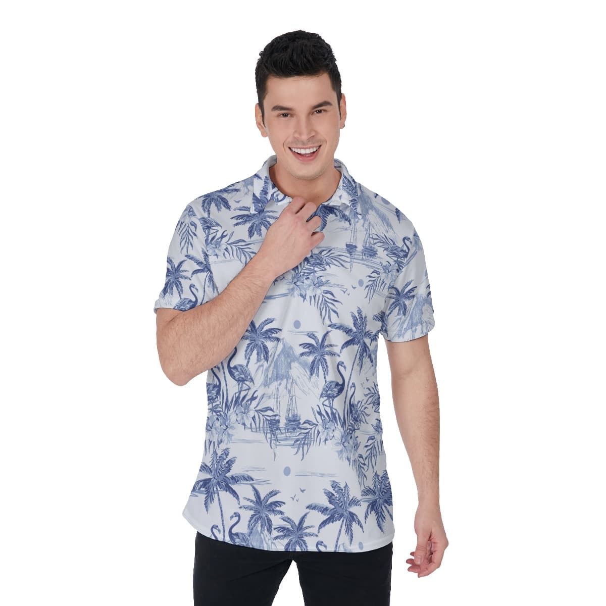 Flamingo Beach Sketch Hawaiian Men's Polo Shirt (1)
