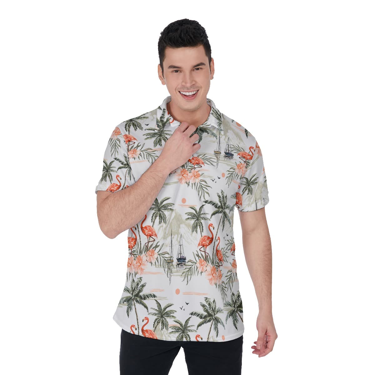 Flamingo Palm Tree Men's Hawaiian Polo (1)