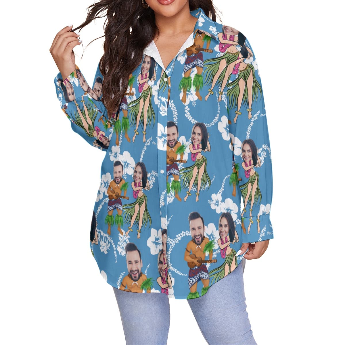 Funny Couple Custom Face Hawaiian Plus Size Shirt (1)