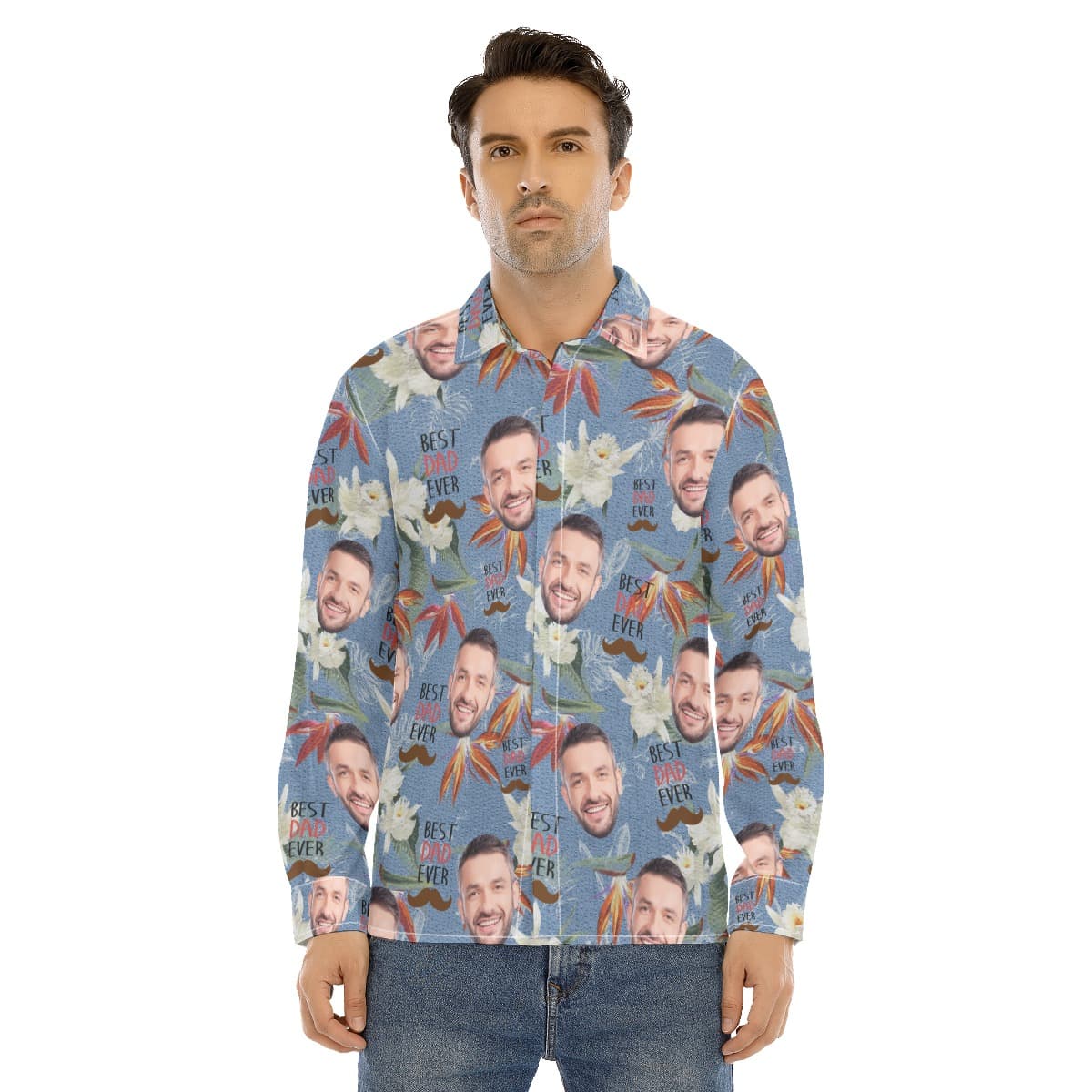 Funny Custom Face Best Dad Ever Men’s Hawaiian Long Sleeve Shirt (4)