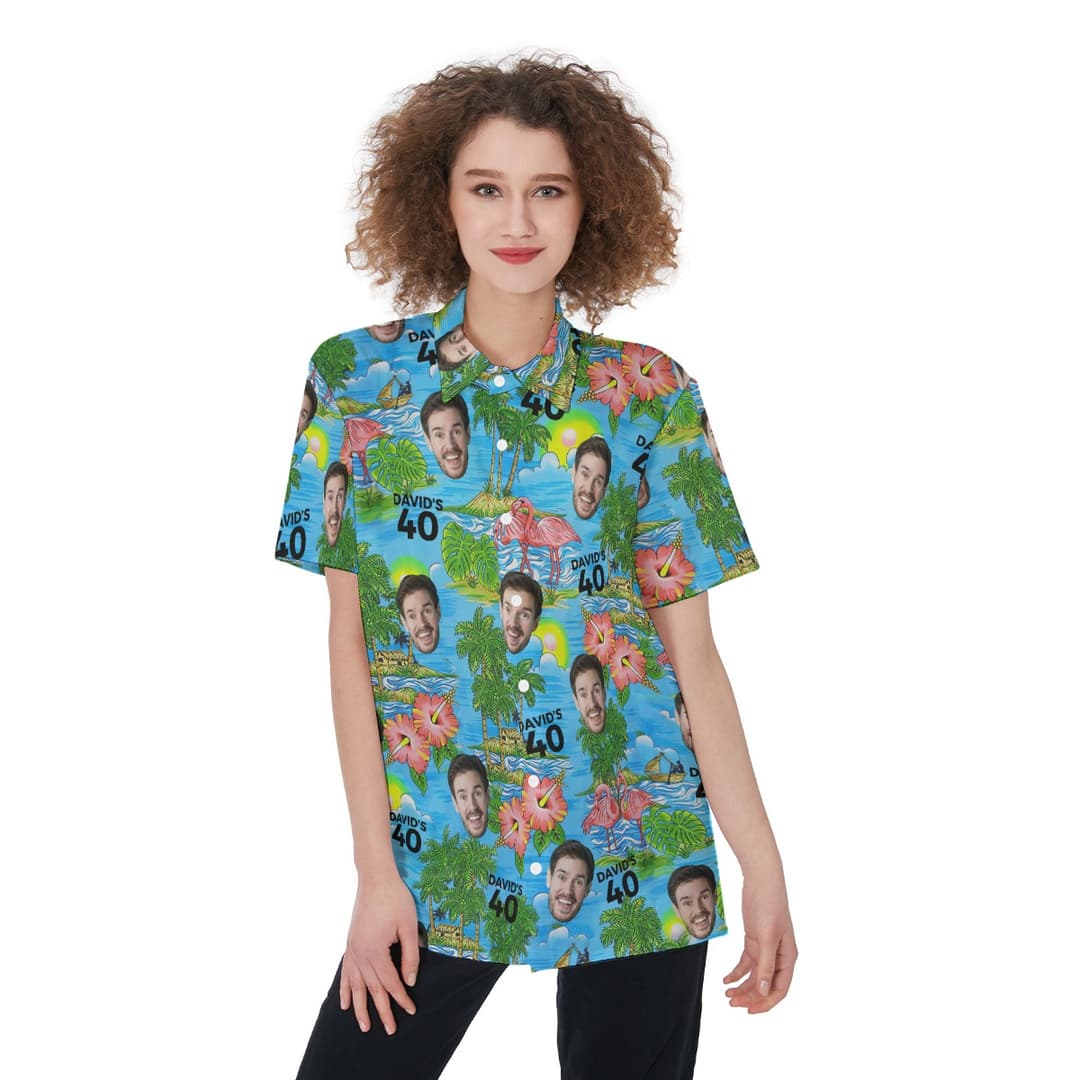 Our design features a bright green tropical patterns with palm trees and pink flamingos.