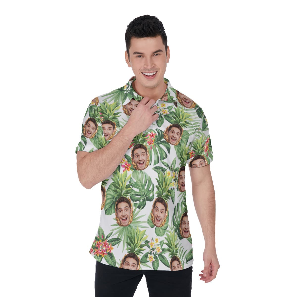 Funny Custom Face With Pineapple Hawaiian Polo Shirt For Men (3)