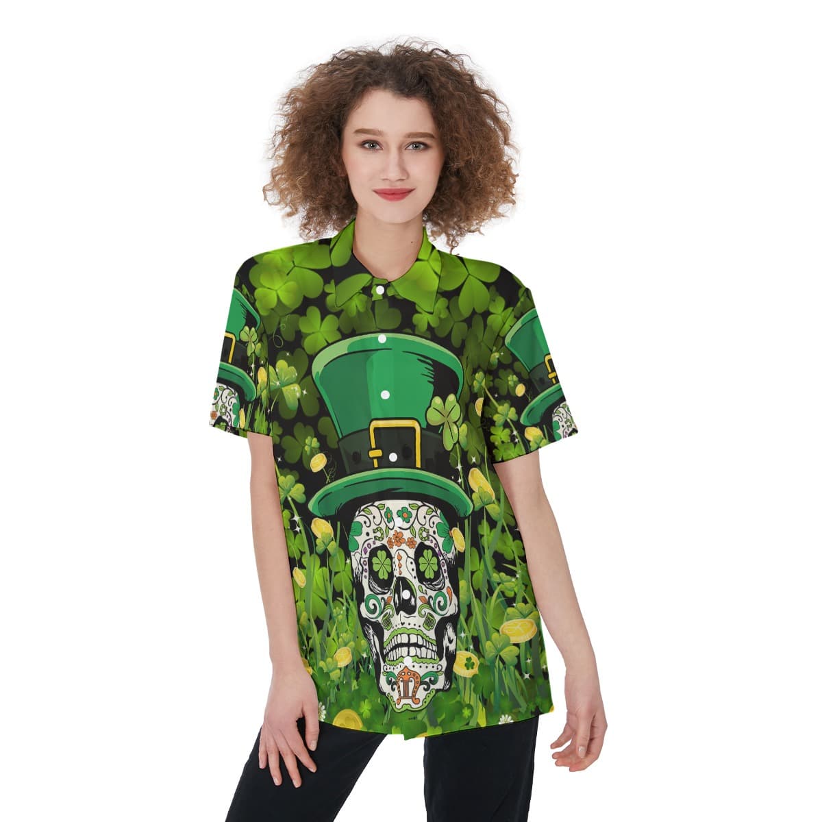Skull Goth Patrick Day Women's Button Up Shirt (1)