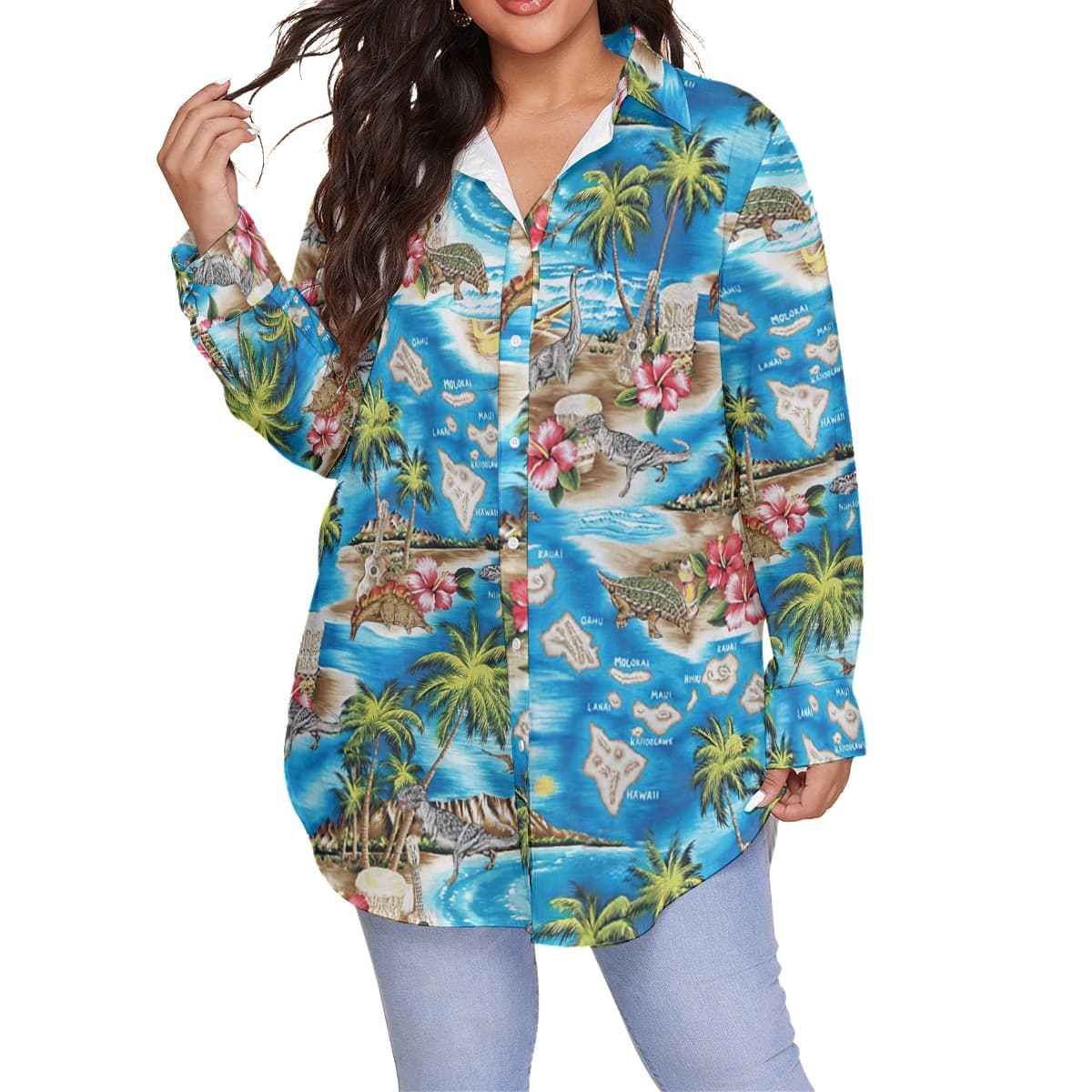 Tropical Dinosaur Women’s Plus Size Hawaiian Shirt (4)