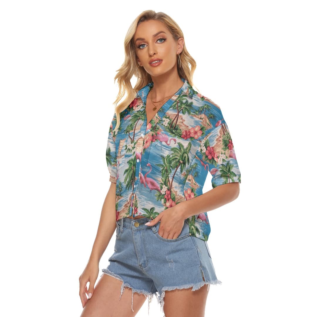 Tropical Flamingo Hawaiian Summer Crop Top Shirt For Women