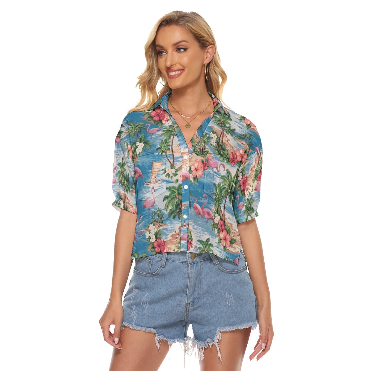 Tropical Flamingo Hawaiian Summer Crop Top Shirt For Women