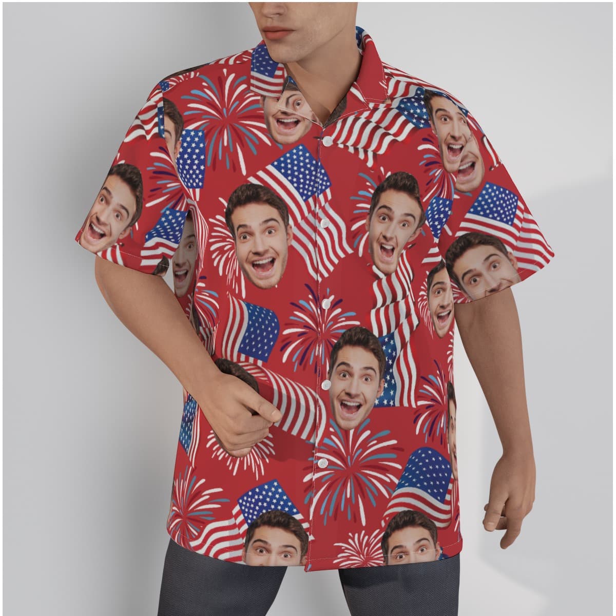 A Red Hawaiian Shirt with American Flag pattern, Custom multiple faces on the shirt, camp collar shirt style with button up