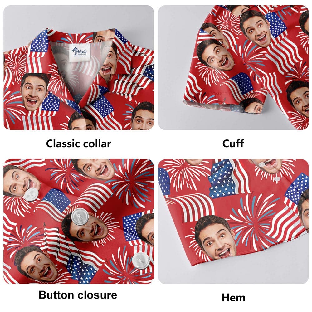 Collar, button style of the 4th Of July Custom Face Patriotic Hawaiian Shirt