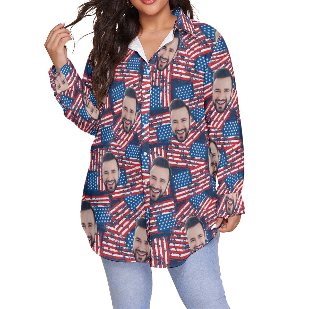 American Flag Custom Face Hawaiian Plus Size Shirt For Women (4)