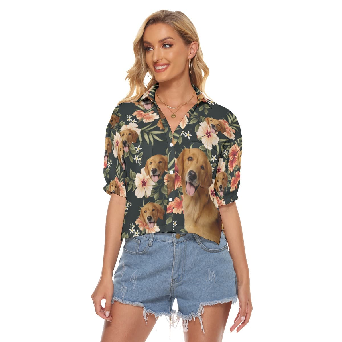 Black Cropped Hawaiian Shirt With Dog Face (1)