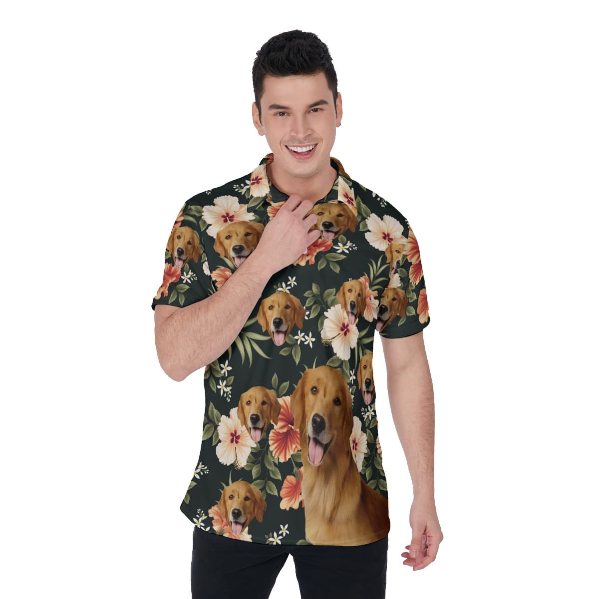 Black Floral Men Polo Shirt With Dog Face (1)