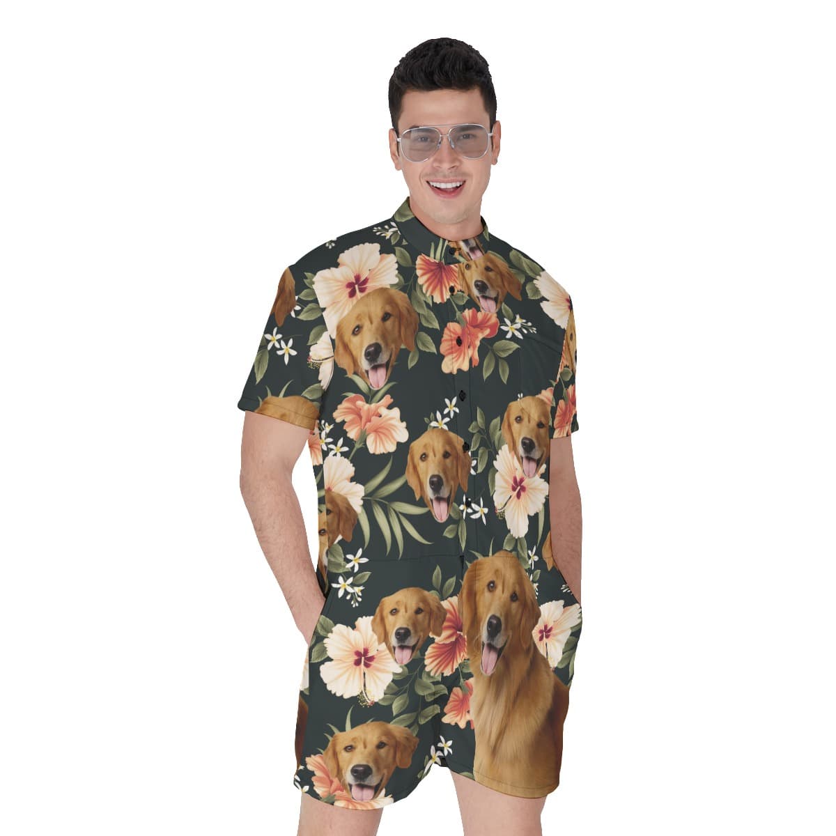Black Hawaiian Men's Romper With Custom Dog Face (1)